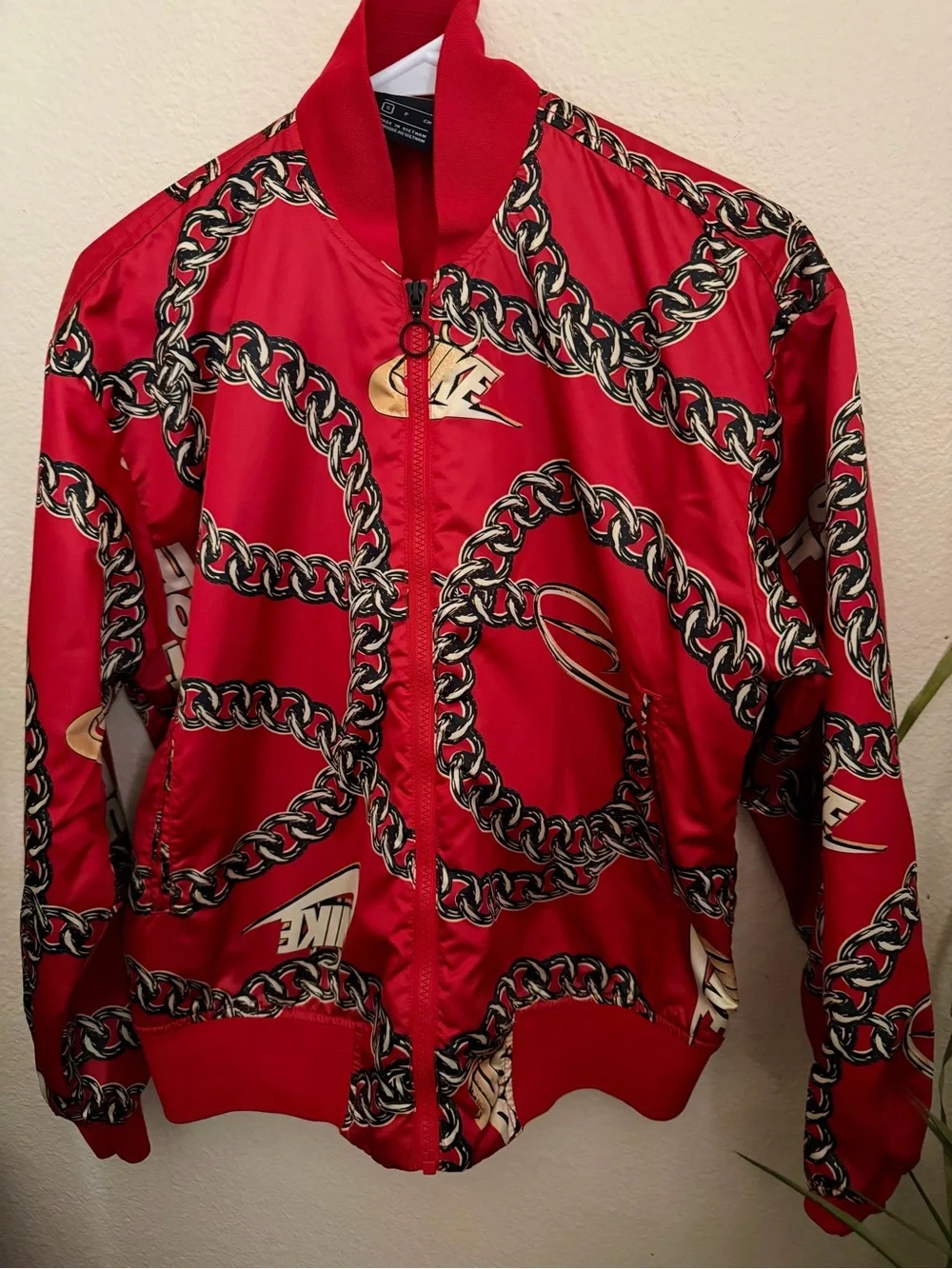 Nike Red Chain-Print Varsity Bomber Jacket